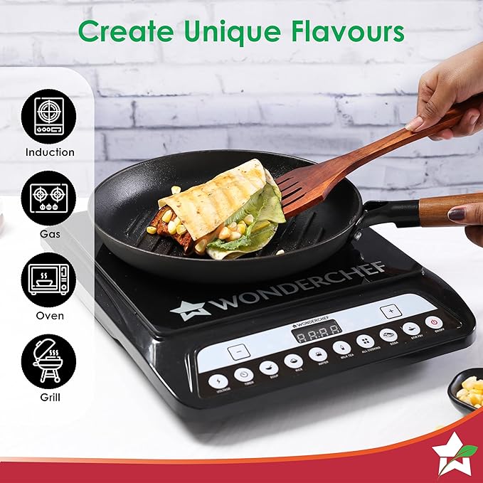 Wonderchef Pre-Seasoned Ferro Light Grill Pan 2.5MM Acacia Wooden Handles Gravity Moulding Technology No Chemical Coating 10 Year 24 cm Black