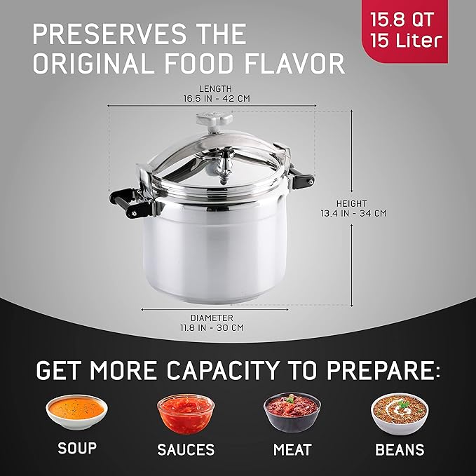 Universal (Large) 15.8-Quart Aluminum Pressure Cooker for Professional Use ??Commercial-Grade, 1 Safety Valve, Reinforced Handles, Easy-Open Lid, ??Ideal for Large Kitchens, and Restaurants