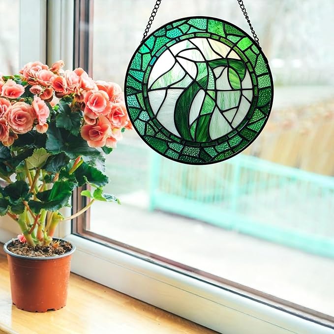 Stained Glass Window Hanging Abstract Green Plants 6.3" - Suncatcher Door Garden Sun Catcher Home Ireland Decor Birthday Mother's St Patrick's Day Gifts for Mom Men Woman Wife Friends