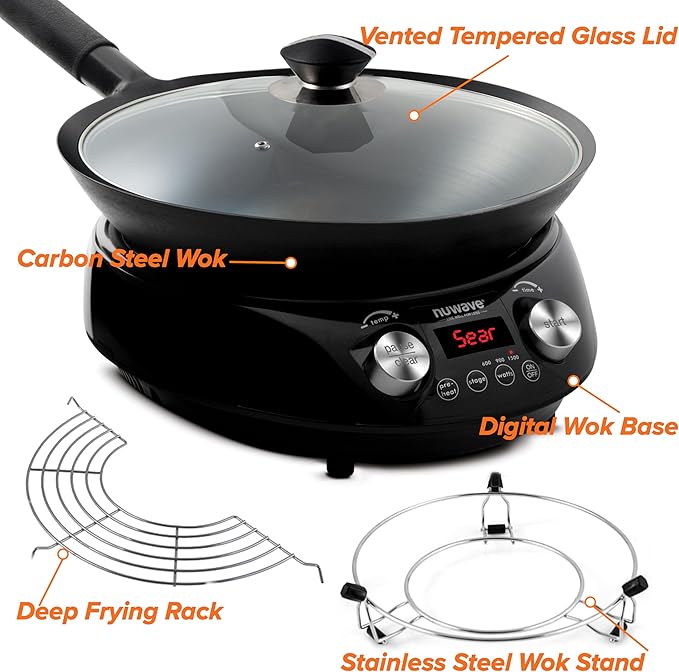 Nuwave Mosaic Induction Wok, Precise Temp Controls from 100째F to 575째F in 5째F, Wok Hei, Infuse Complex Charred Aroma & Flavor, 3 Watts 600,900 & 1500, Authentic 14-inch Carbon Steel Wok Included,Black