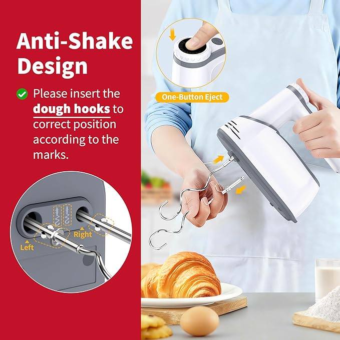 Cordless Hand Mixer, 12-Speed Rechargeable Electric Handheld Mixer with 6 x 304 Stainless Steel Attachments (2 Whisks, 2 Beaters, 2 Dough Hooks) & Storage Case, for Baking, Eggs, Cakes (White)