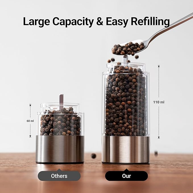 ThermoMaven Upgraded Larger Capacity Electric Salt and Pepper Grinder Set, 110ml Rechargeable Salt and Pepper Shaker with LED light, Stainless Steel Automatic Pepper Mill with 6 Adjustable Coarseness