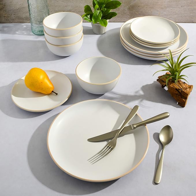 Gibson Home Rockaway 12-Piece Round Stoneware Dinnerware Set, Service for 4 ??White Plates and Bowls, Modern Matte Finish, Microwave & Dishwasher Safe