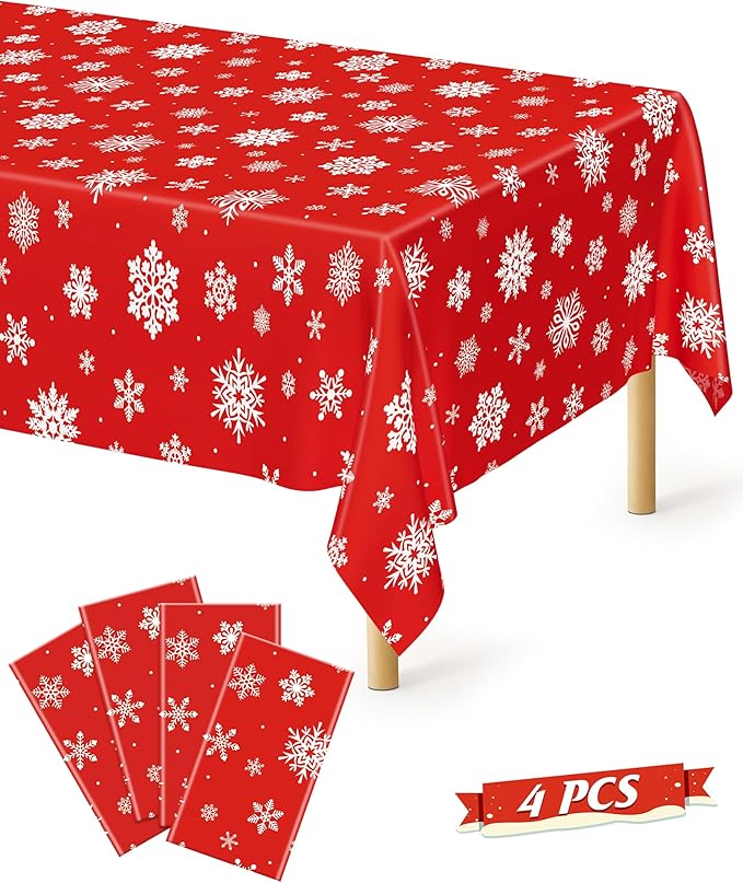 4 PACK Snowflake Tablecloths, 54" x 108" Holiday Party Decor, Red Snowflakes Tablecloth Xmas Plastic Tablecloth Disposable Table Cloth Rectangle Tablecover, Winter Decorations Holiday Party Supplies