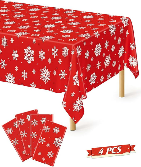 4 PACK Snowflake Tablecloths, 54" x 108" Holiday Party Decor, Red Snowflakes Tablecloth Xmas Plastic Tablecloth Disposable Table Cloth Rectangle Tablecover, Winter Decorations Holiday Party Supplies