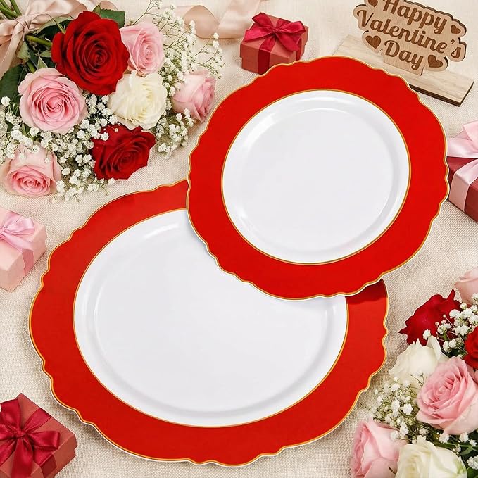 WDF 60pcs Red Christmas Plastic Plates Disposable - 7.5inch Heavy Duty Red Dessert/Salad/Cake Plates for Valentine's Day