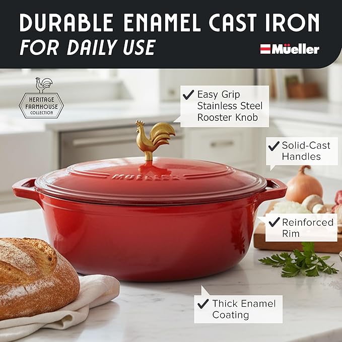 MUELLER HOME 5.5 Quart Enameled Cast Iron Oval Dutch Oven w Rooster Knob & Cotton Potholders, Heavy-Duty Cookware, Oven-Safe up to 500째 F & Across All Cooktops, Gifts for Grandma & Women, Red
