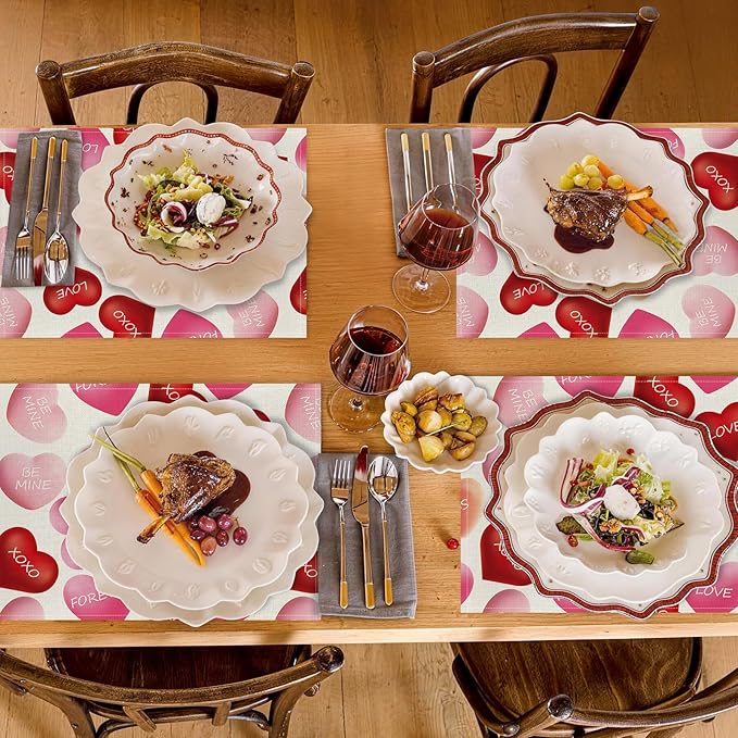 Valentine Placemats Set of 4, 12x18 Inch Be Mine Kiss XOXO Love Hearts Table Mats, Seasonal Anniversary Holiday Valentines Day Table Decorations for Kitchen Dining Home Party Decor