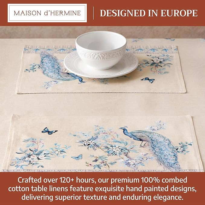 Maison d' Hermine Placemats 100% Combed Cotton Premium Set of 4 Decorative Table Cloth Placemat, Dining, Holidays, Buffet Party - Peacock Utopia - Sandy Beach (13 Inch x 19 Inch)
