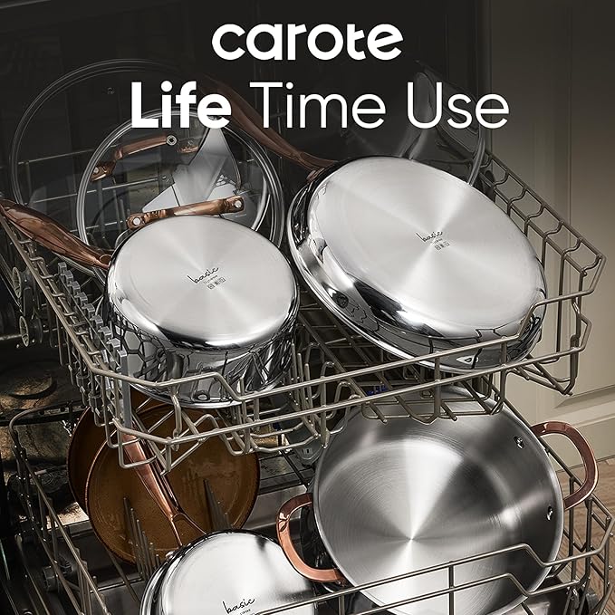 CAROTE 10" Tri-Ply Stainless Steel Frying Pan, Non-Toxic Fry Pan Egg Pan Omelet Pans, Oven Safe, Induction, Ceramic and Gas Cooktops Compatible, Silver