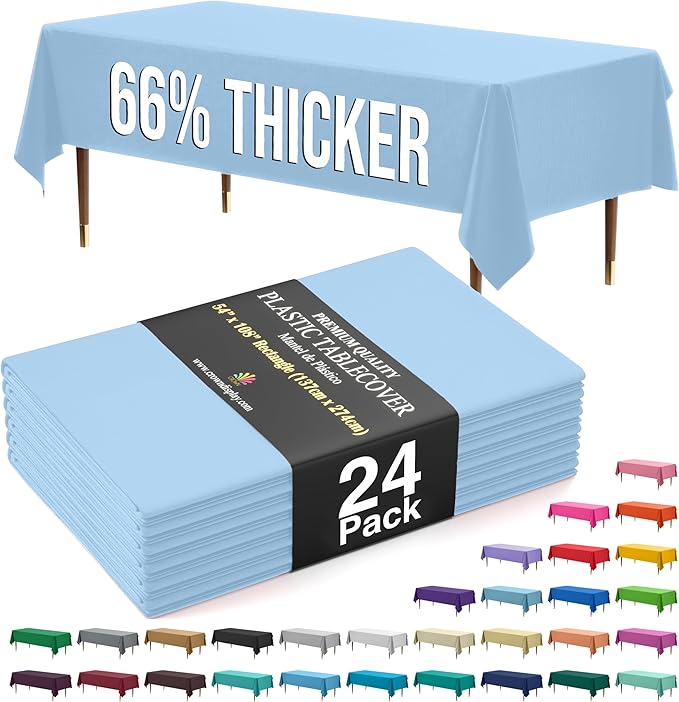 Exquisite 66% Thicker Premium Plastic Table Cloth Rectangle Table Cover 0.5 Mil 24 Pack Light Blue Table Cloth 54 Inch x 108 Inch Disposable Tablecloth Won't Tear Easily Like Cheap Thin Brands