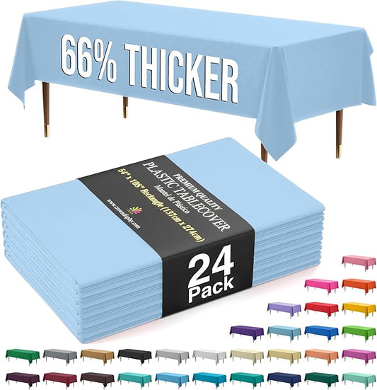 Exquisite 66% Thicker Premium Plastic Table Cloth Rectangle Table Cover 0.5 Mil 24 Pack Light Blue Table Cloth 54 Inch x 108 Inch Disposable Tablecloth Won't Tear Easily Like Cheap Thin Brands