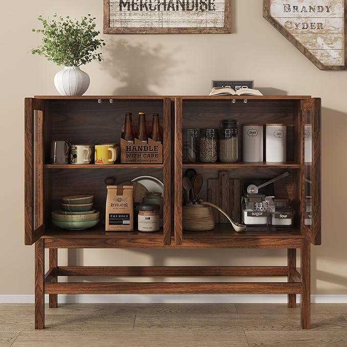 Sideboard Buffet Cabinet with Storage, Small Kitchen Coffee Wine Bar Cabinet with Glass Press-to-Open Doors, Wood Mid Century Modern Side Board Table for Dining Room, Living Room