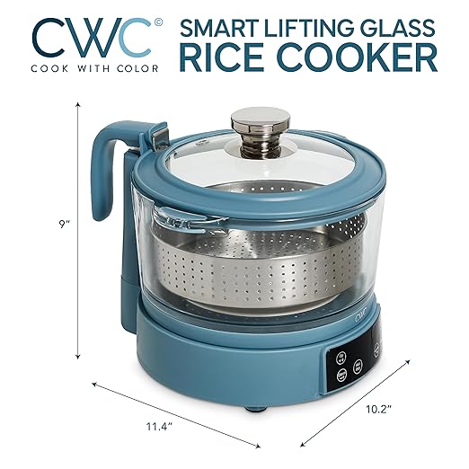 COOK WITH COLOR 3L Glass Mini Low Carb Rice Cooker ??Holds 2 Cups Raw/Makes 6 Cups Cooked with Auto Lift Filter Basket, Hotpot & Steamer for Rice, Grains, Digital Panel with Keep Warm, Slate Blue
