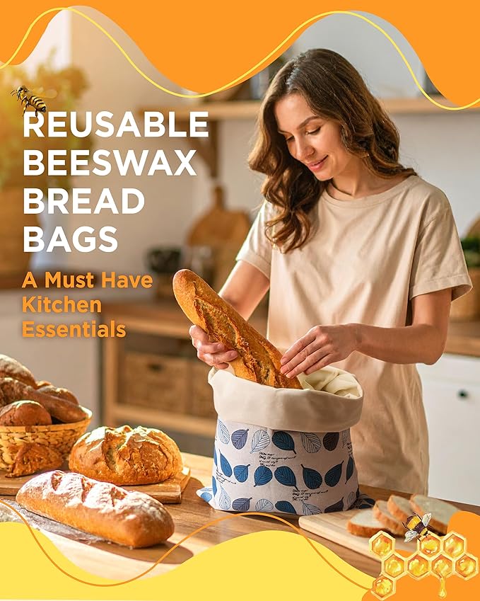 Reusable Beeswax Bread Bag for Homemade Bread, Extra Large Cotton Sourdough Bread Storage Bag, Freezer Safe Bread Keeper | Breathable material