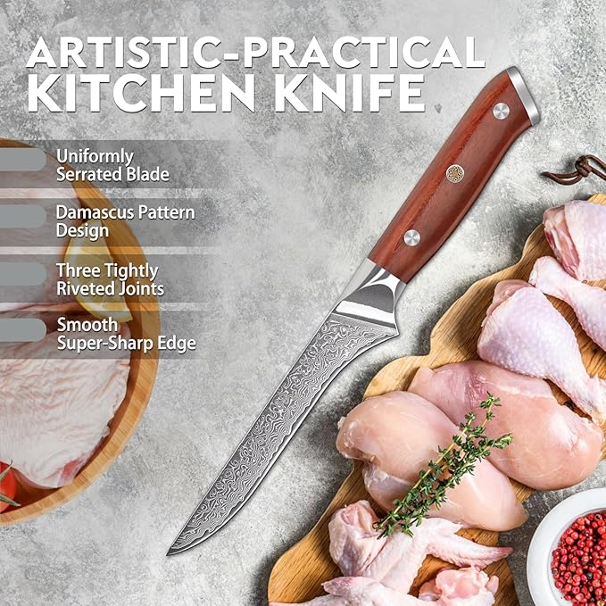 Purple Dragon Damascus Fillet Knife 5.6 Inch, Boning Knife for Meat Cutting, VG10 Steel FiletKnife for Fish Chicken Deboning Meat Trimming Christmas Gift for Men and Women