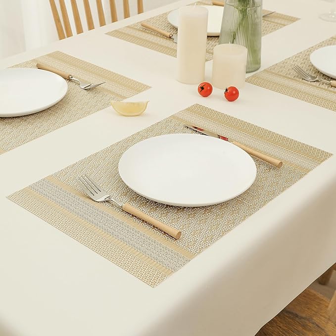 Leetaltree Stardust Yellow Placemats Set of 8 - Heat Resistant Non-Slip Place mats for Dining Table, Washable Durable PVC Vinyl Woven Table Mats（Stardust Yellow, 8）