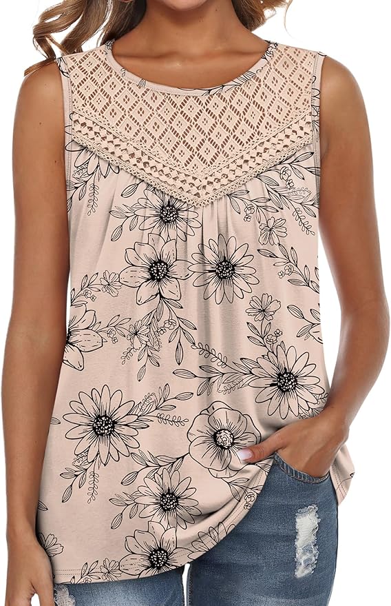 XIEERDUO Womens Tank Tops Sleeveless Lace Crochet Boho Tops Loose Fit Pleated Tunics Crewneck Summer Vacation Outfits Flowy