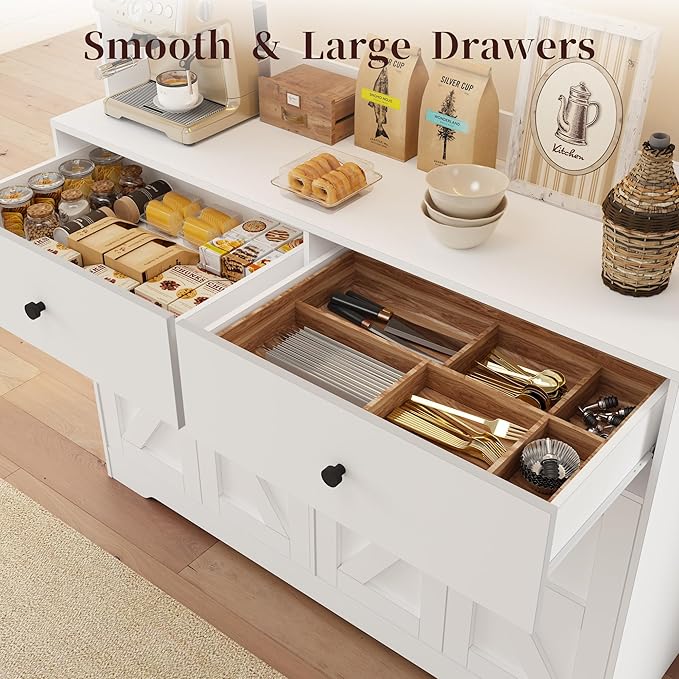 71" Tall Kitchen Pantry Storage Cabinet with Charging Station, 47.2" Wide Kitchen Hutch Cabinet with Large Countertop, Farmhouse Food Pantry with Drawers for Living Room, White