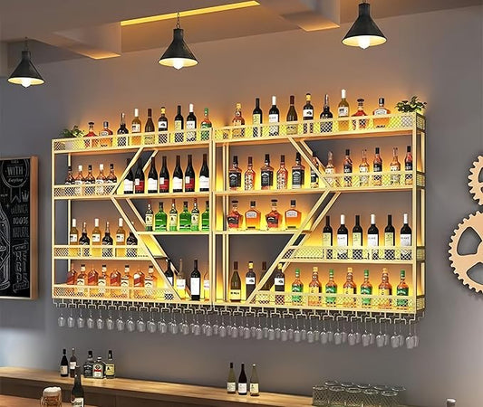 Modern Wall Mounted Wine Rack w/LED Light, Metal Wall Bar Shelves Wall Mounted w/Glass Holder, Large Liquor Shelf for Liquor Bottles for Home Bar & Dining Room(Gold-Yellow Led, 4 Tier-118in)