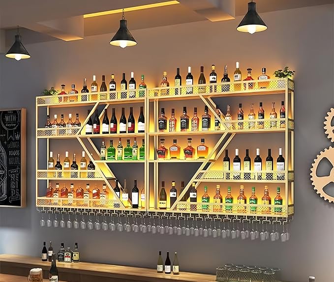 Modern Wall Mounted Wine Rack w/LED Light, Metal Wall Bar Shelves Wall Mounted w/Glass Holder, Large Liquor Shelf for Liquor Bottles for Home Bar & Dining Room(Gold-Yellow Led, 79in/200cm)