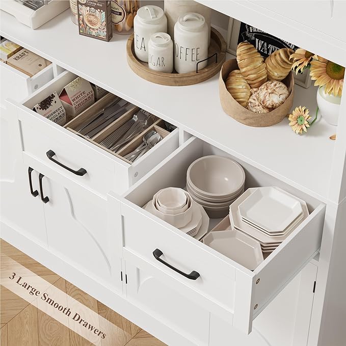 HITHOS 76" Tall Kitchen Pantry Storage Cabinet, 55??Wide Kitchen Hutch Cabinet with Storage Drawers, Large Food Pantry with Microwave Stand, Modern Cupboard with Hutch for Dining Living Room, White