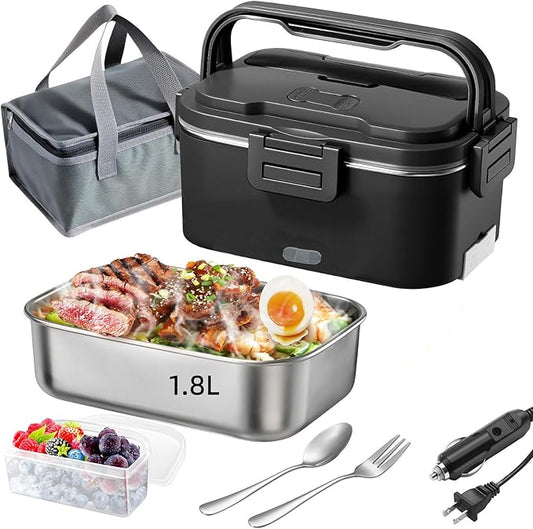 Vidaskeci Electric Lunch Box for Adultss 100W 1.8L Portable Heated Lunch Box for men,12V/24V/110V home/Car/Office/Truck,1,8L Removable 304Stainless Steel Container (Black)