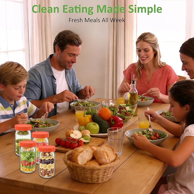4Pack Glass Salad Jars with Lids, 32oz Salads Mason Jars with Wet/Dry Separation Cup, Meal Prep Salad Containers for Lunch, Leakproof Wide Mouth Food Storage Containers, BPA-Free Reusable (Orange)