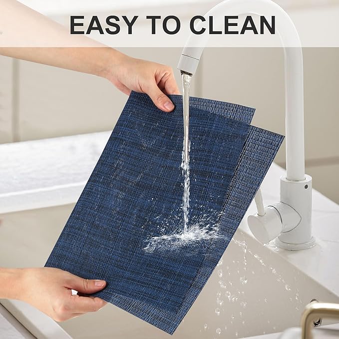 LANDVIEW Vinyl Placemats Set of 4, PVC Woven Washable Non-Slip Table Mats, Heat Resistant Wrinkle Free Place Mats for Dining Table, Easy to Clean (4, Navy Blue)
