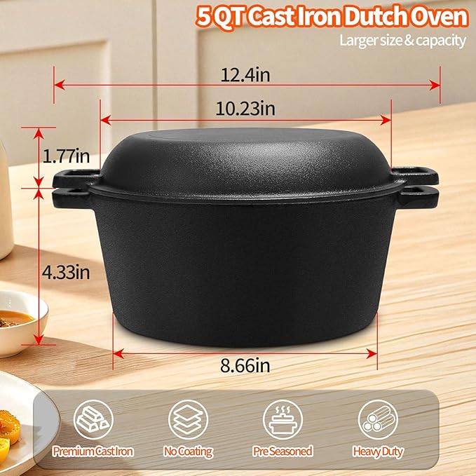 Cast Iron Dutch Oven for Bread Baking, 5 Qt Sourdough Dutch Oven with Lid, 2-in-1 Dutch Pot with Bread Baking Supplies for Camping, Frying and Braising