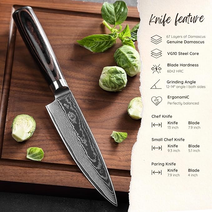 Wakoli EDIB Essentials 3-Piece Damascus Knife Set ??Professional Chef's Knives with VG10 Core & 67-Layer Damascus Steel Blades, Ergonomic Pakkawood Handles ??Premium Kitchen Knives in Elegant Gift Box