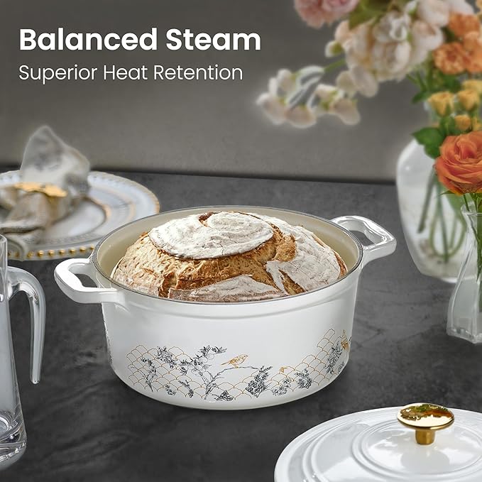 CAROTE 5QT Cast Iron Dutch Oven Pot with Lid, Enameled Floral Dutch Ovens with Gift Box, Cast Iron Pot for Sourdough Bread Baking, Braising, Stews, Roasting, Dual Handles, Healthy & Non-Toxic, All Stovetop Compatible, Oven Safe up to 500째 F, White