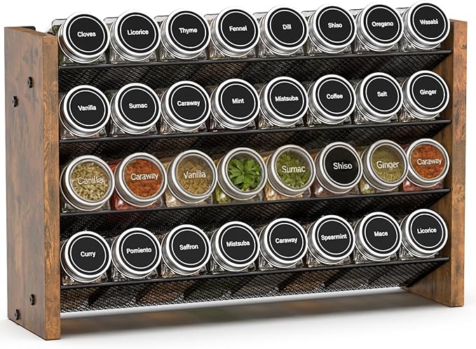 NESAPTO Spice Rack Organizer for Cabinet, Wooden 4 Tier Vertical Seasoning Organizers for Kitchen Pantry, Countertop/Wall Mount, Holds 32 Spice Jars (No Jars Included), 15.7" W 횞 9.4" H