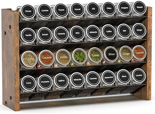 NESAPTO Spice Rack Organizer for Cabinet, Wooden 4 Tier Vertical Seasoning Organizers for Kitchen Pantry, Countertop/Wall Mount, Holds 32 Spice Jars (No Jars Included), 15.7" W 횞 9.4" H