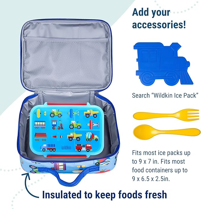 Wildkin Kids Insulated Lunch Box ??Durable and Reusable for School & Travel - Trains, Planes, and Trucks