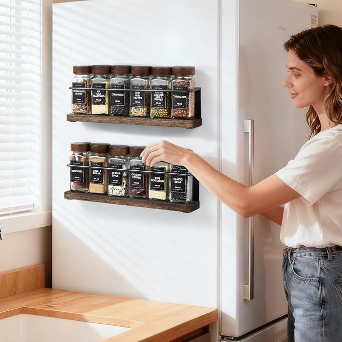 Wooden Lid Magnetic Spice Rack with 12 Jars, 216 Labels, 1 Steel Funnel for Refrigerator竊똌icrowave Oven - Full Set of Spice Organizer