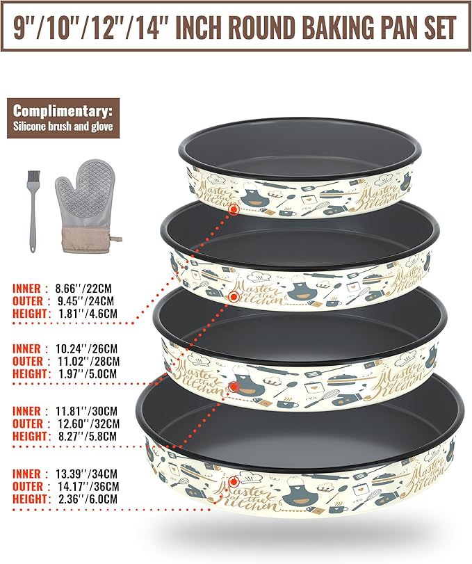Round Baking Pan Set Roasting Dish 4-Pack 9/10/12/14 Inches Enamel Non Stick Large Cookware for Cake Bread Pie Pizza Turkey Steak, Non-Toxic Oven Dishwasher Safe Mom's Christmas Gift Bakeware