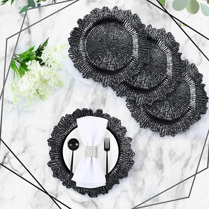 Tanlade 100 Pcs Reef Charger Plates Bulk 13 Inch Plastic Wedding Chargers Floral Decorative Plates with Metallic Ruffled Rim for Wedding Party, Holiday Event Supplies(Black)