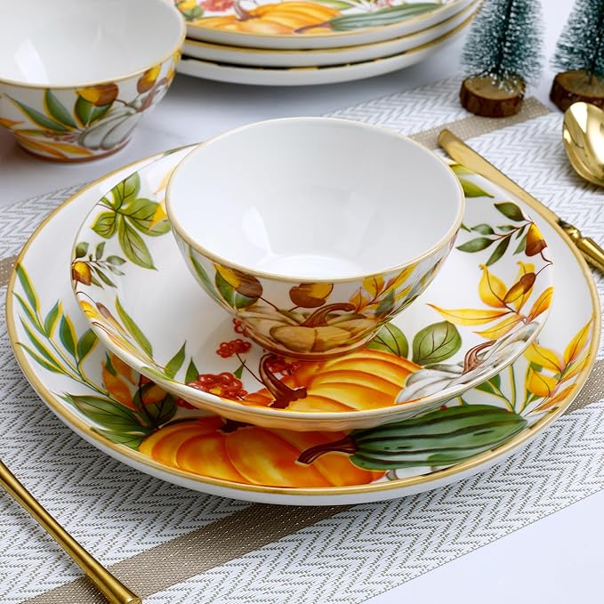 12-Piece Porcelain Dinnerware Set, Service for 4, Pumpkin Pattern Plates & Bowls, Microwave and Dishwasher Safe Dinnerware Set