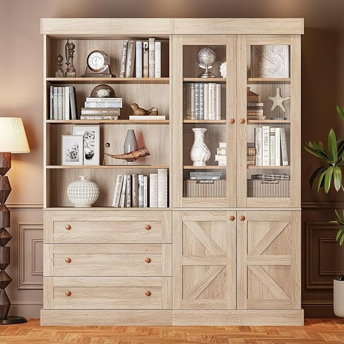 71" Tall Farmhouse Bookcase with Glass Doors & Drawers, Rustic Brown Wooden Storage Cabinet with Adjustable Shelves, Set of 2 ??Ideal for Living Room, Kitchen, Home Office, and Dining Room