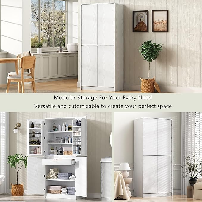 72" Tall Farmhouse Kitchen Pantry Cabinet with 8 Door Shelves, Curved Design Storage Cabinet with 3 Adjustable Shelves, Hidden Drawer, Versatile Cupboard for Kitchen, Dining & Bathroom (White)