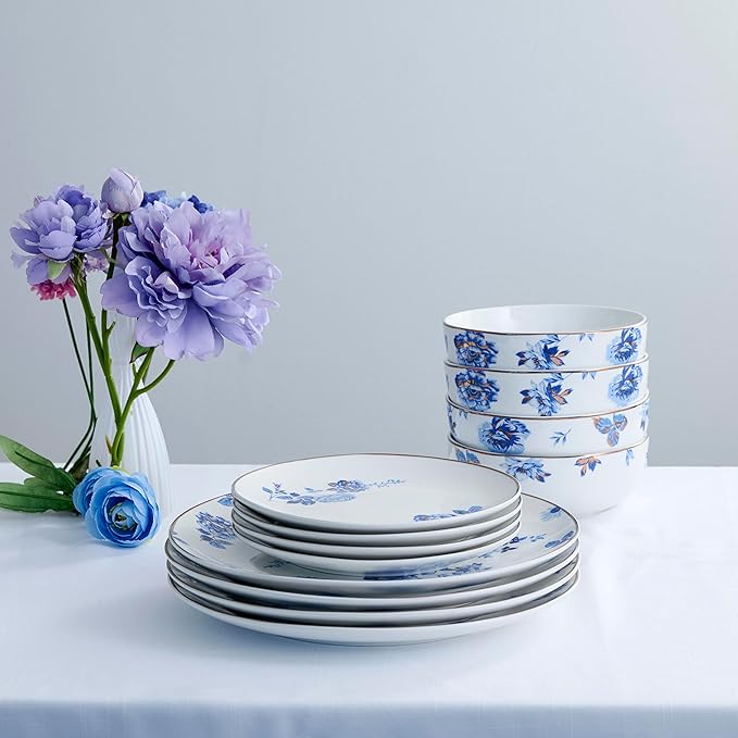 Stone Lain Viola 24-Piece Dinnerware Set Porcelain, Plates and Bowls Set, Dish Set for 8, Microwave and dishwasher Safe, Blue