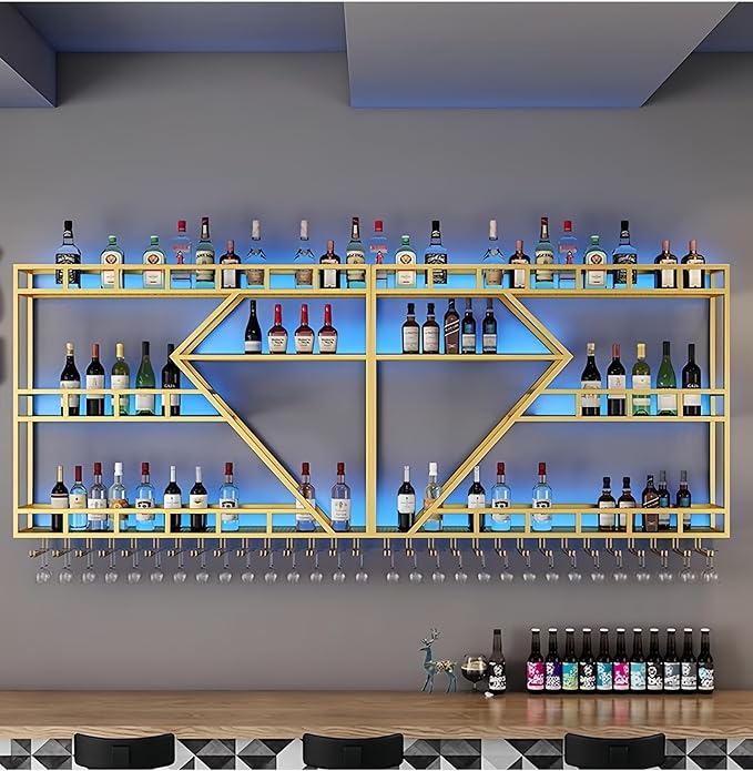 79 Inch Modern Wall Mounted Wine Rack with LED Light, Large Metal Bar Shelves for Liquor Bottles, Stylish Wall Wine Rack Storage Organizer for Dining Room & Home Bar(Gold-Blue Led, 79in)