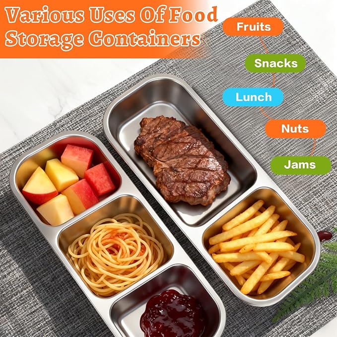 4 Pack Stainless Steel Lunch Containers for Adults, 304-Grade, 2-Compartments Snack Container & Lunch Box with Lids, Reusable Snap-on Lid Snack Containers Set, Meal Prep Lunch Box (24 oz / 700ml)