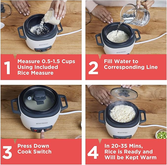 BLACK+DECKER 3-Cup Rice Cooker, RC503, 1.5-cup Uncooked Rice, Steaming Basket, Removable Non-Stick Bowl, One Touch, White
