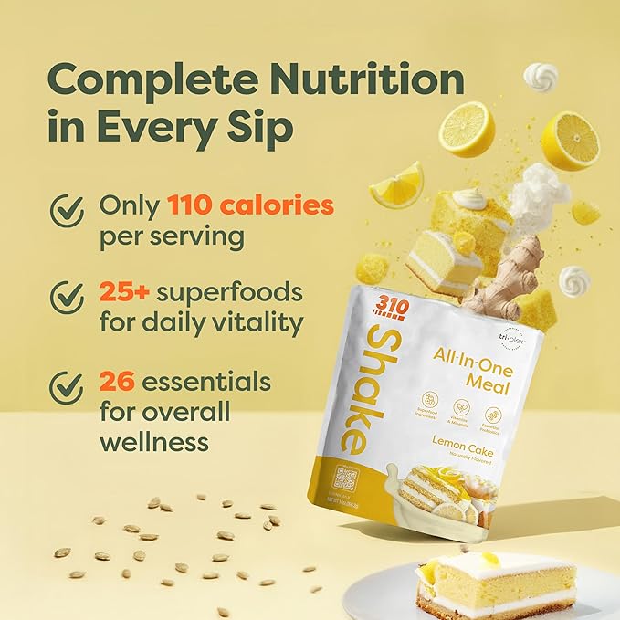 310 Nutrition All-In-One Meal Replacement Shake Powder - Plant-Based Protein Smoothie Blend w/High Fiber, Probiotics & Adaptogens - Low Carb, Vegan, Keto & Paleo Friendly - Lemon Cake - 28 Servings