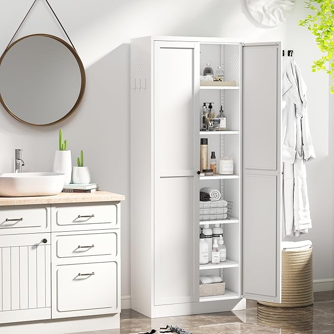72" H White Steel Pantry Storage Cabinet with 5 Adjustable Shelves, 6-Tier Tall Metal Cabinets for Kitchen, Living Room, Garage, Heavy Duty Freestanding Utility Cabinet, Assembly Require