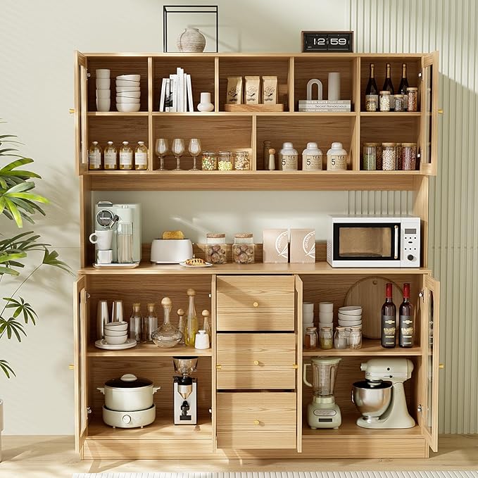 VOWNER Large Kitchen Hutch Cabinet, Kitchen Pantry Storage Cabinet with 6 Glass Doors, 3 Drawers & Microwave Shelf, Freestanding Cupboard for Open Storage, (Wood)