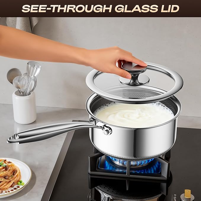 1 Quart Stainless Steel Saucepan with Glass Lid,6 Inch Hybrid Nonstick Sauce Pan,PFAS PFOA PTFE Free,Stay-Cool Handle,Dishwasher-Friendly,Oven-Safe,Small Pots Compatible with All Cooktops