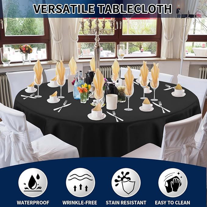 PureFit 10 Pack Round Black Table Cloths 70 Inch for Round Tables, Stain and Wrinkle Resistant Table Linens for Home Use, Wedding, Party, Banquet and Camping